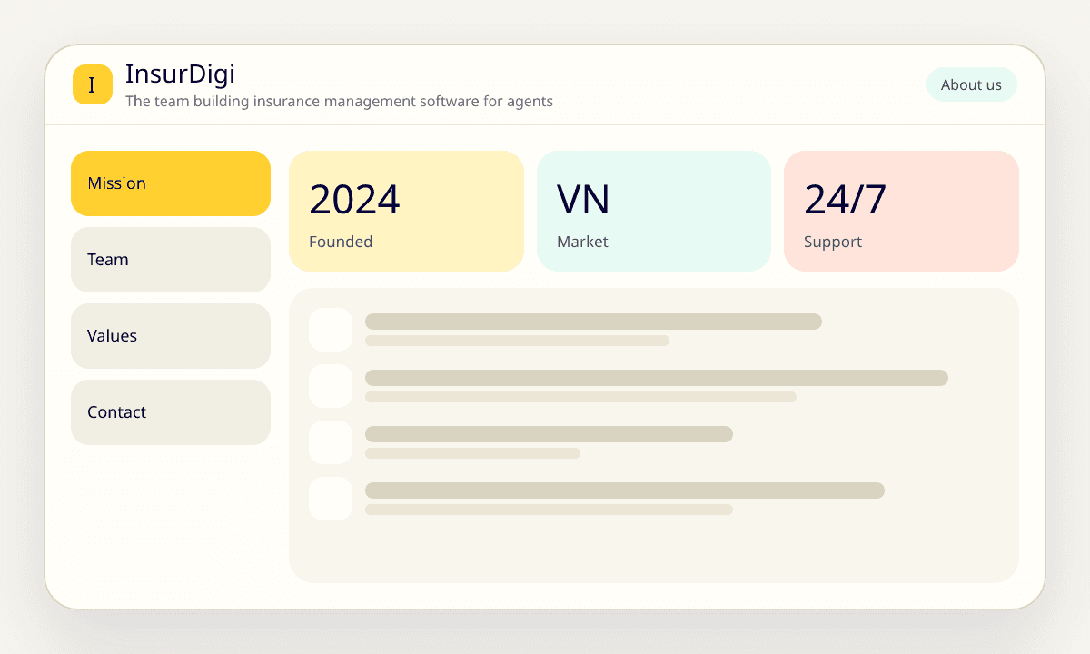 Illustration of the InsurDigi about page: mission, team, and core values