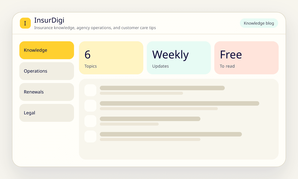 Illustration of the InsurDigi insurance knowledge blog with agency operations topics