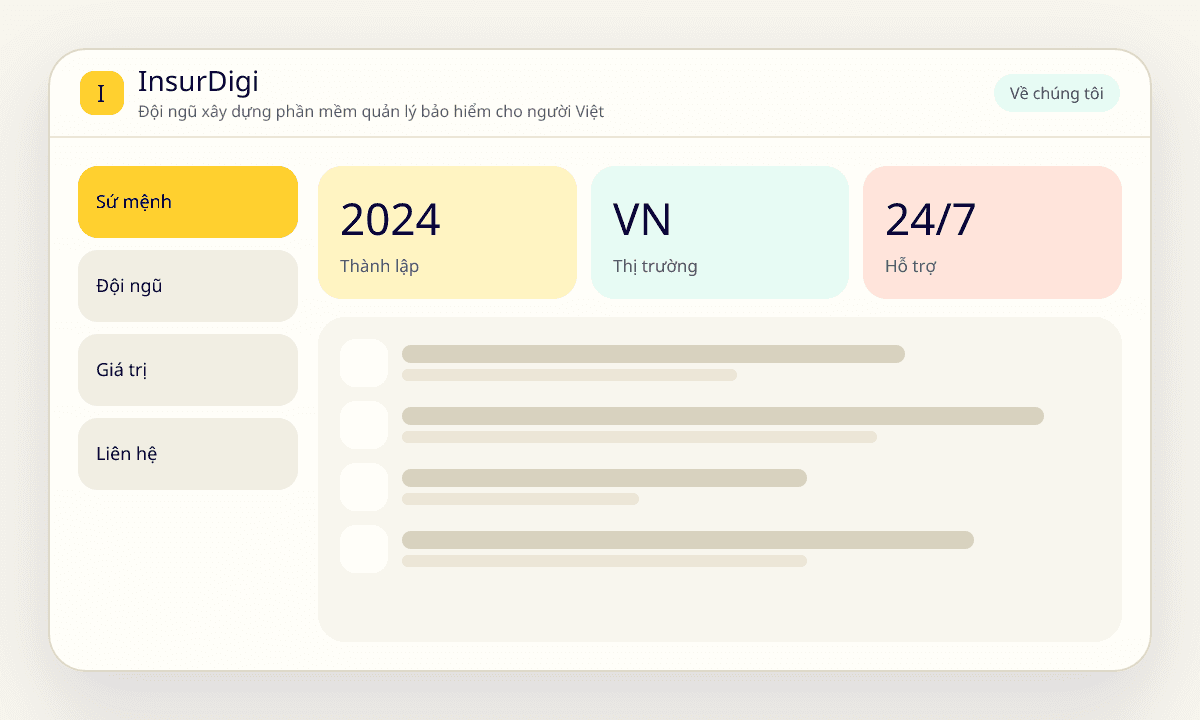 Minh hoạ trang giới thiệu InsurDigi: sứ mệnh, đội ngũ và giá trị cốt lõi