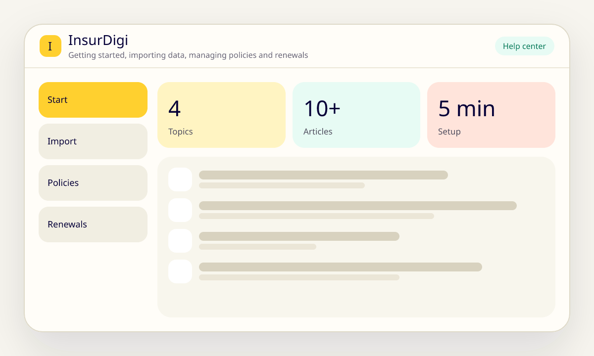Illustration of the InsurDigi help center with product documentation topics